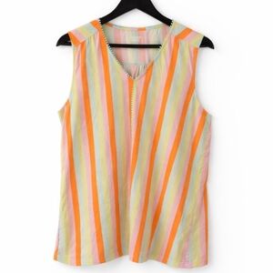 Lands End Orange Pink Striped Festive Sleeveless Pom Pom Trim Top Sz 1X